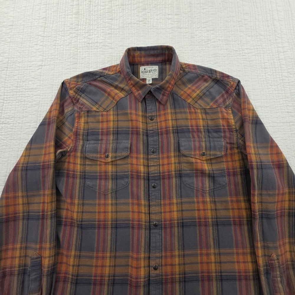 Lucky Brand Shirt Men's L Orange Gray Grey Plaid Saturday Stretch Snap Buttons - Picture 4 of 16